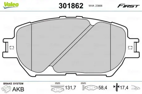 Гальмівні колодки дискові TOYOTA Camry "2,4-3,0 "F "01-06 ="" Valeo 301862