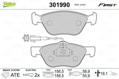 A_Гальмівні колодки дискові ALFA/FIAT 145-147/156/GT/Bravo/Marea/Weekend/Strada "1,3-2,5 "F "95>> ="" Valeo 301990