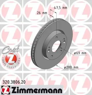 Диск гальмівний (передній) Hyundai Tucson/i30 2.0 CRDi 04-/Kia Cee\'d 06- (280x26) (з покр.) (вент.) ZIMMERMANN 320.3806.20